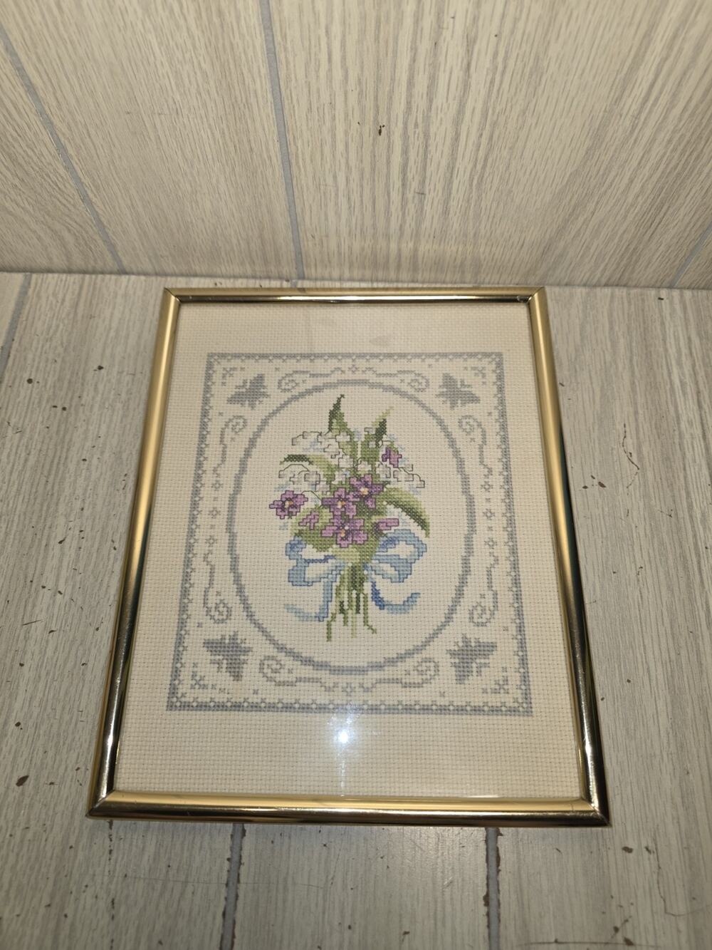 Vtg Needlepoint Flowers Framed Matted Purple Blue Butterfly Border Heritage